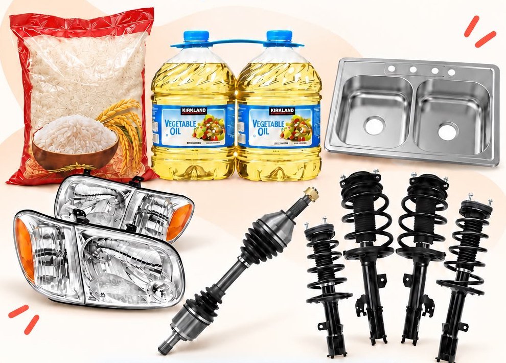 Rice, vegetable oil, a kitchen sink, headlamps, a drive shaft and suspension struts